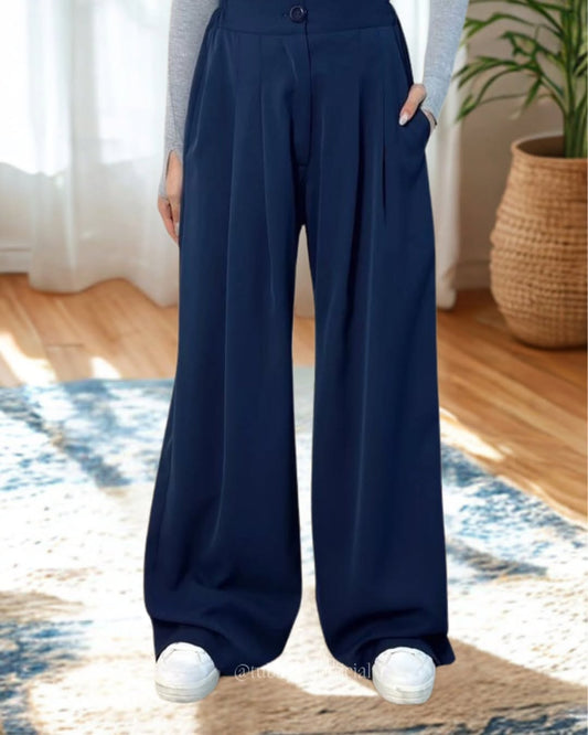 Navy Blue Wide-Leg Formal Pants – Smart Tailored Fit