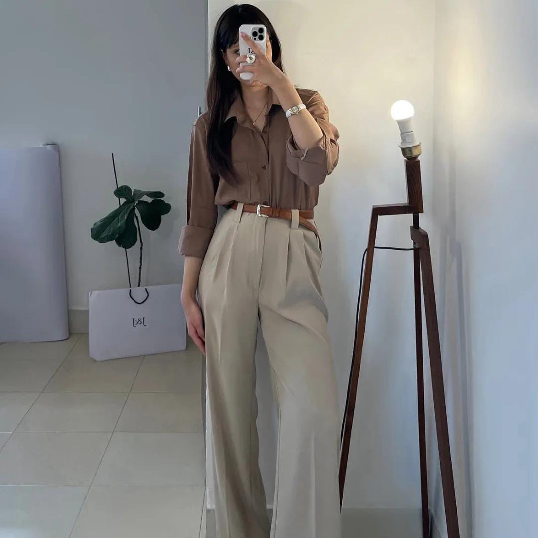 Stone Beige High-Waist Wide-Leg Pants – Chic Formal Look