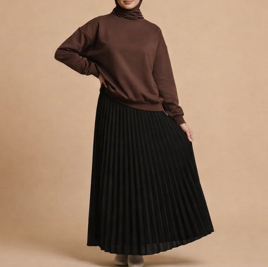 Black Pleated Skirt with Brown sweatshirt combo