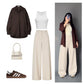 Brown Button-Down Shirt with White Crop Top & Beige Wide-Leg Pants – Elegant Neutral 3-Piece Set
