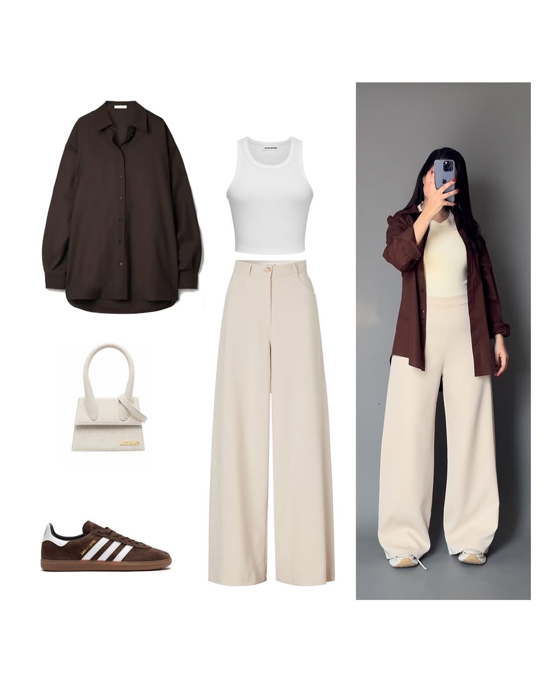 Brown Button-Down Shirt with White Crop Top & Beige Wide-Leg Pants – Elegant Neutral 3-Piece Set