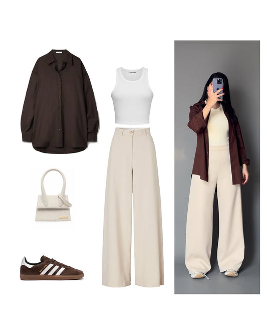 Brown Button-Down Shirt with White Crop Top & Beige Wide-Leg Pants – Elegant Neutral 3-Piece Set