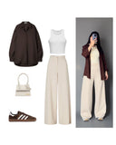 Brown Button-Down Shirt with White Crop Top & Beige Wide-Leg Pants – Elegant Neutral 3-Piece Set