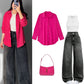 Hot Pink Button-Down Shirt with White Crop Top & Dark Wide-Leg Pants – Bold Street Style 3-Piece Outfit