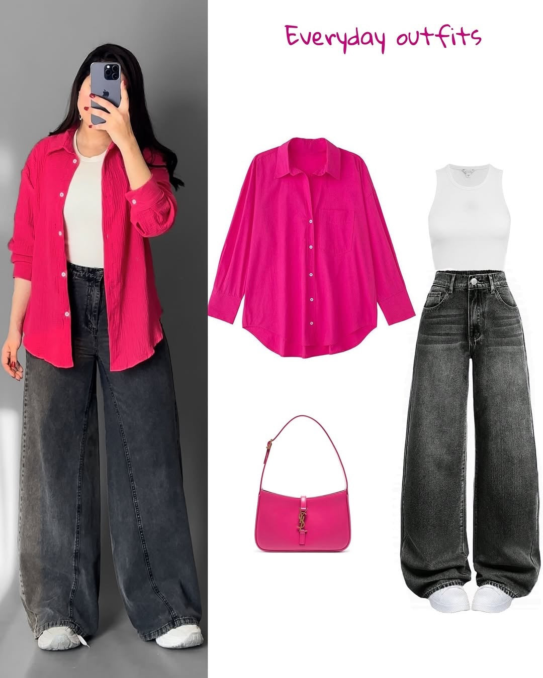 Hot Pink Button-Down Shirt with White Crop Top & Dark Wide-Leg Pants – Bold Street Style 3-Piece Outfit