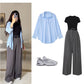 Blue Button-Down Shirt with White Crop Top & Grey Wide-Leg Pants – Smart Casual 3-Piece Set