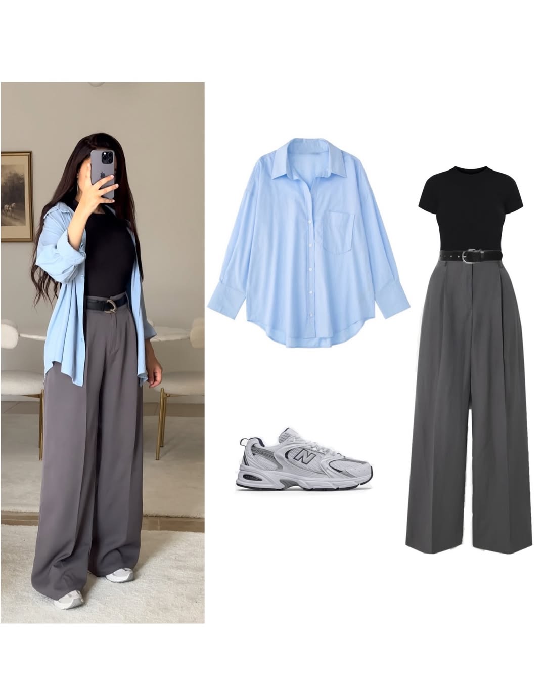 Blue Button-Down Shirt with White Crop Top & Grey Wide-Leg Pants – Smart Casual 3-Piece Set