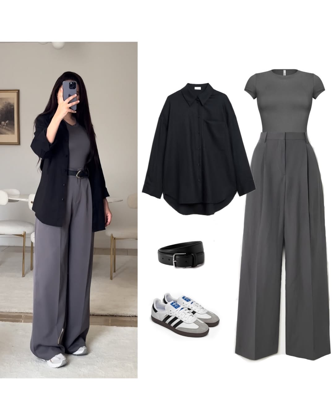 Black Button-Down Shirt with Grey Crop Top & Wide-Leg Pants – Modern Chic 3-Piece Set