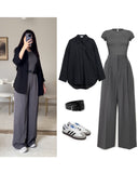 Black Button-Down Shirt with Grey Crop Top & Wide-Leg Pants – Modern Chic 3-Piece Set