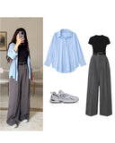 Blue Button-Down Shirt with White Crop Top & Grey Wide-Leg Pants – Smart Casual 3-Piece Set