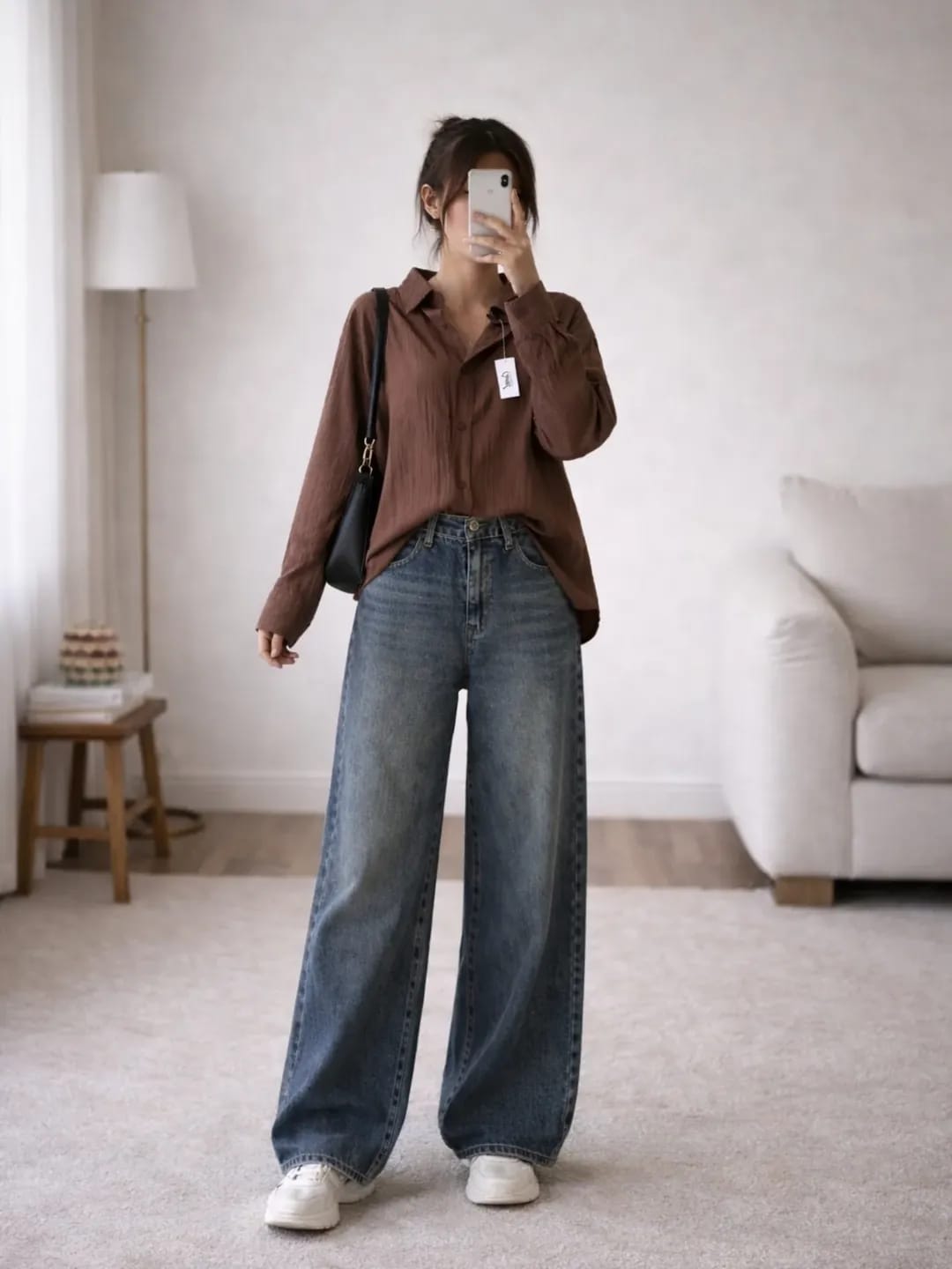 Brown Button-Down Shirt with Black Wide-Leg Pants Set