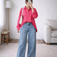 Pink Button-Down Shirt with Blue Wide-Leg Jeans Set