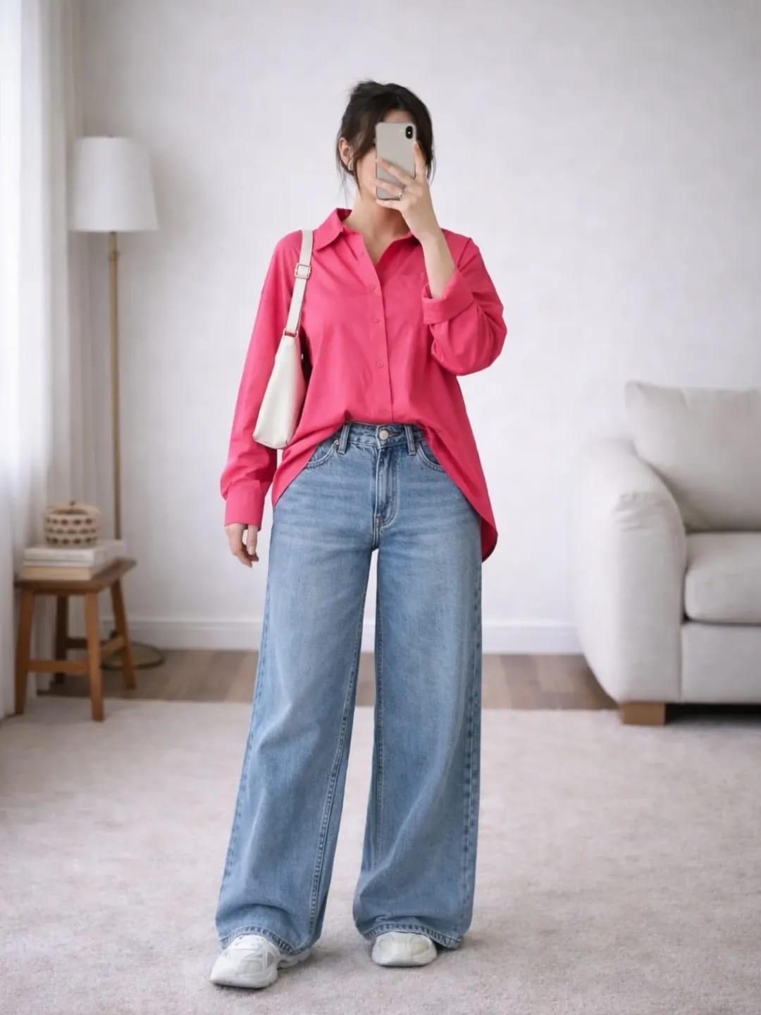 Pink Button-Down Shirt with Blue Wide-Leg Jeans Set