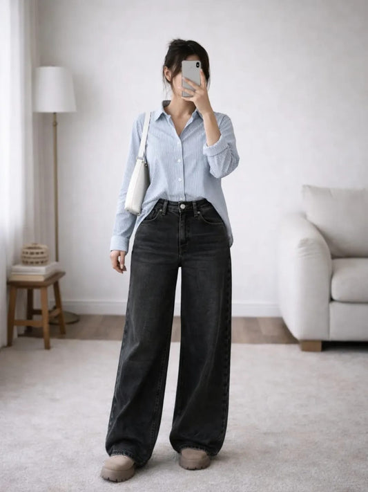 Sky Blue Button-Down Shirt with Black Wide-Leg Pants Set