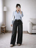 Sky Blue Button-Down Shirt with Black Wide-Leg Pants Set