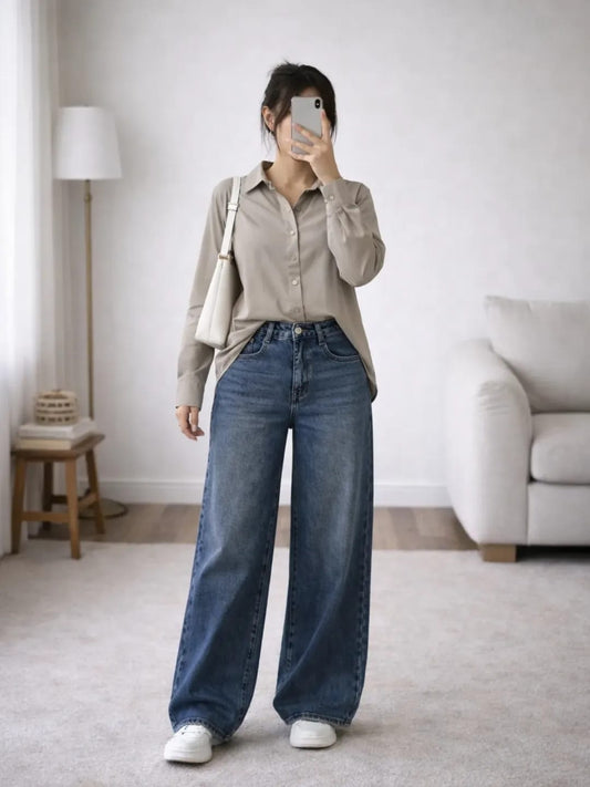 Beige Button-Down Shirt with Black Wide-Leg Pants Set