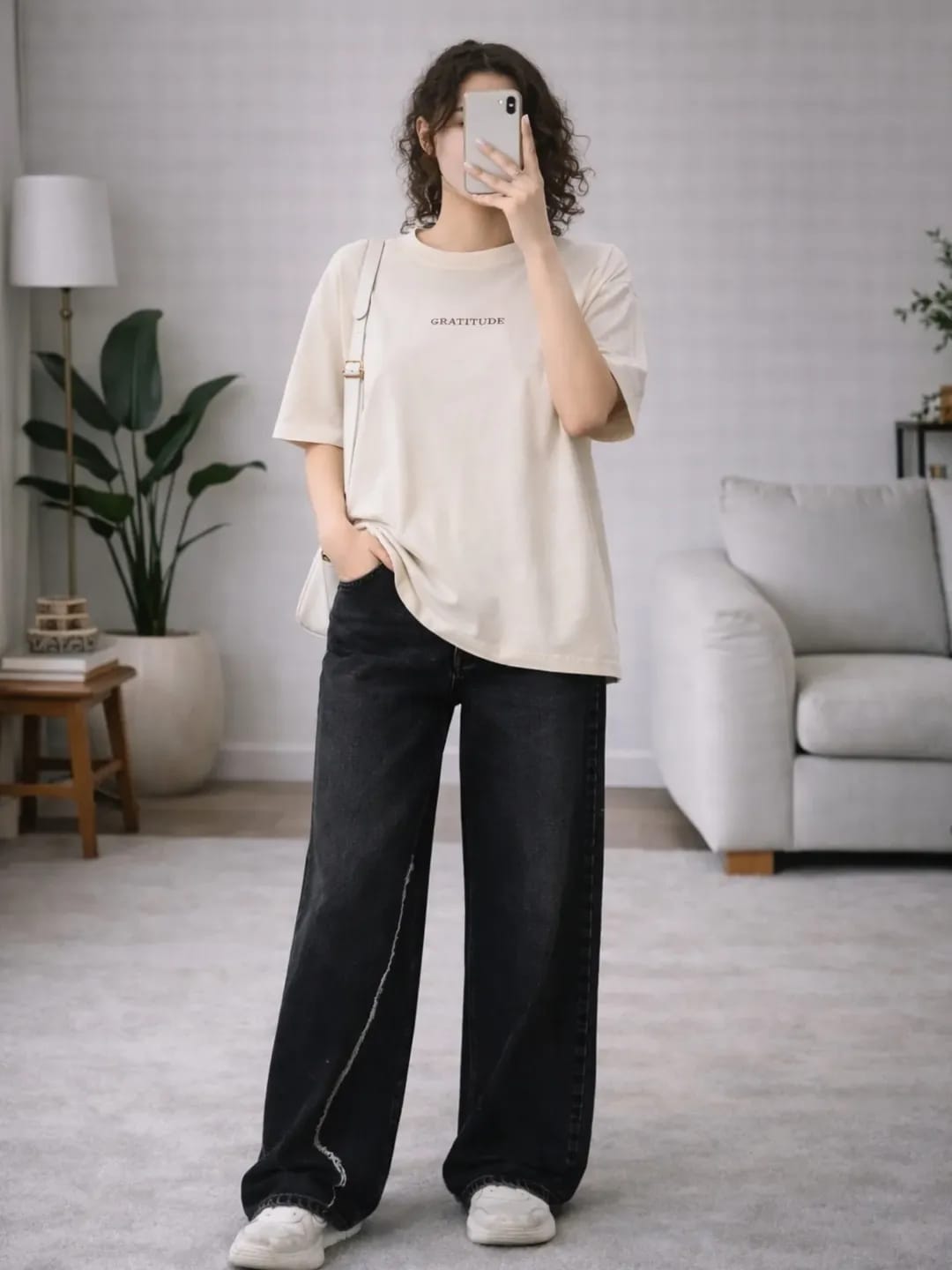 Cream Oversized T-Shirt with Black Wide-Leg Pants Set