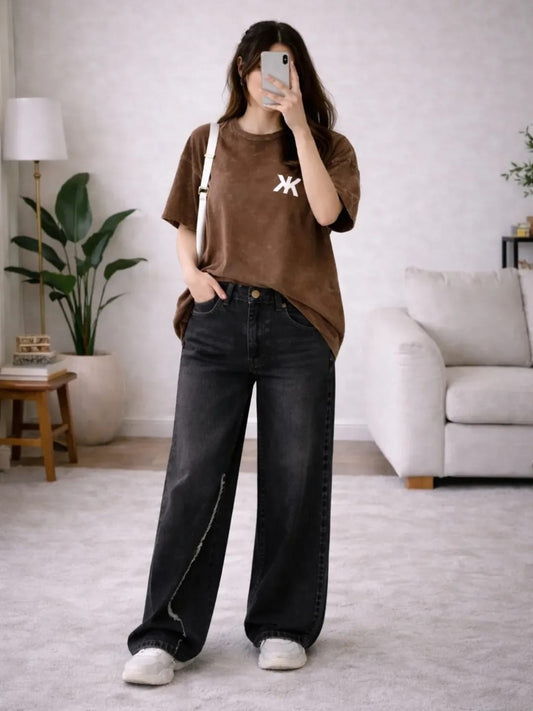 Brown Oversized T-Shirt with Black Wide-Leg Pants Set