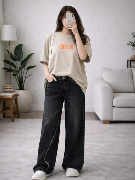 Beige Printed T-Shirt with Black Wide-Leg Pants Set