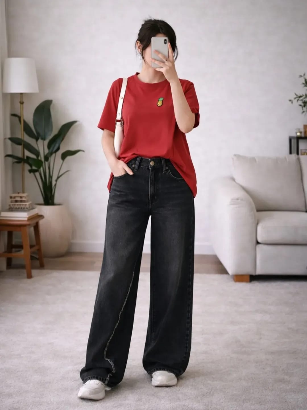 Red Oversized T-Shirt with Black Wide-Leg Pants Set