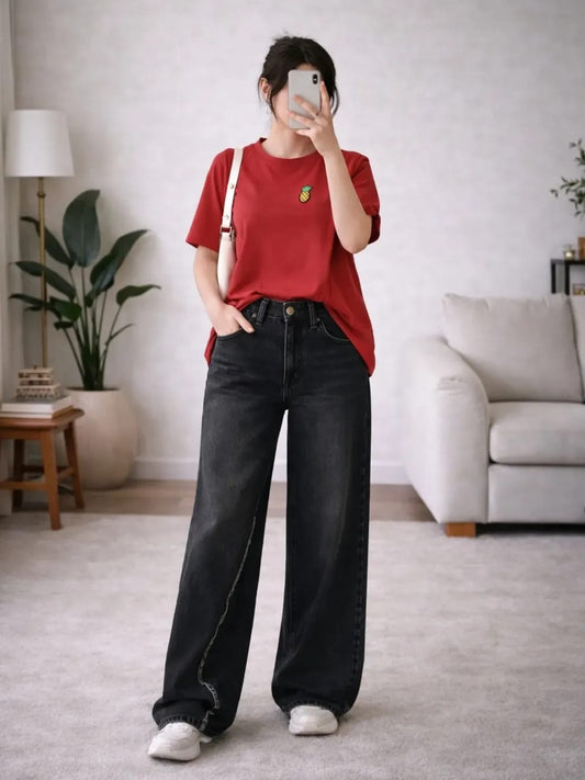 Red Oversized T-Shirt with Black Wide-Leg Pants Set