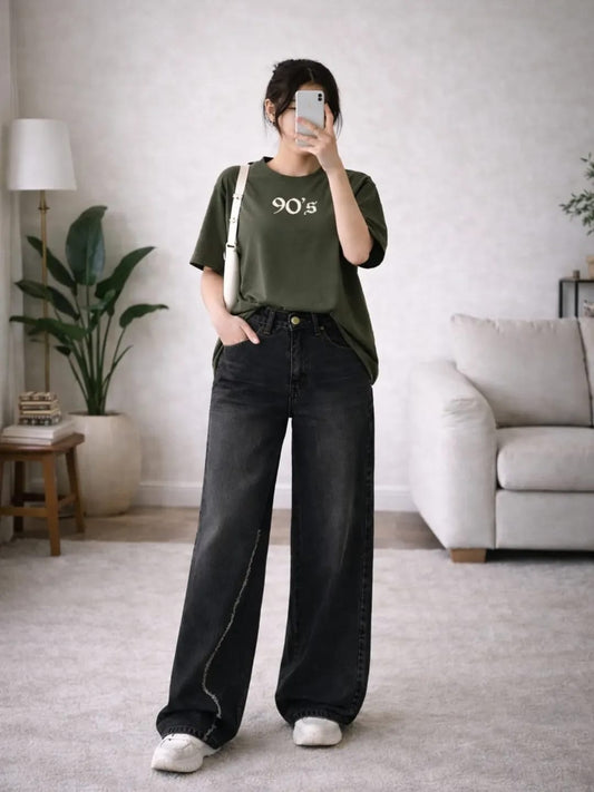 Olive Green Oversized T-Shirt with Black Wide-Leg Pants Set