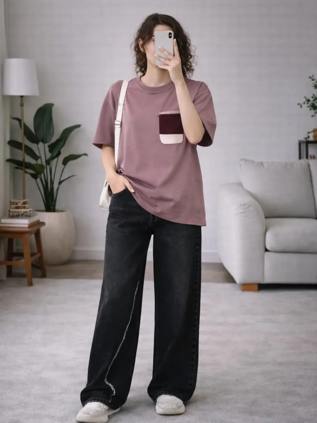 Dusty Pink Oversized T-Shirt with Black Wide-Leg Pants Set