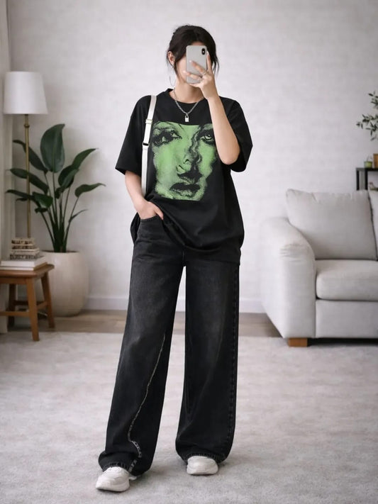 Black Graphic T-Shirt with Black Wide-Leg Pants Set
