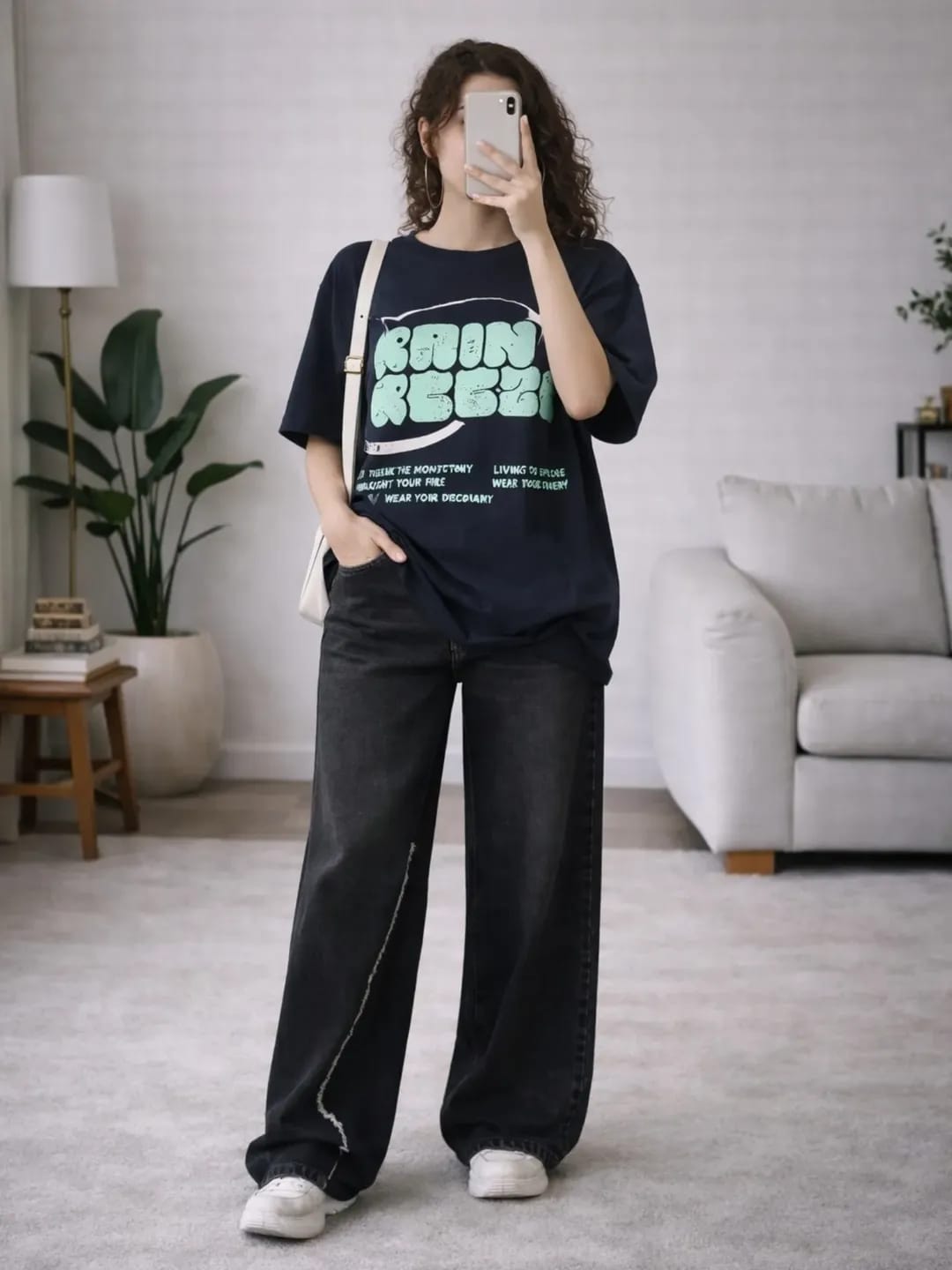 Green Graphic T-Shirt with Black Wide-Leg Pants Set