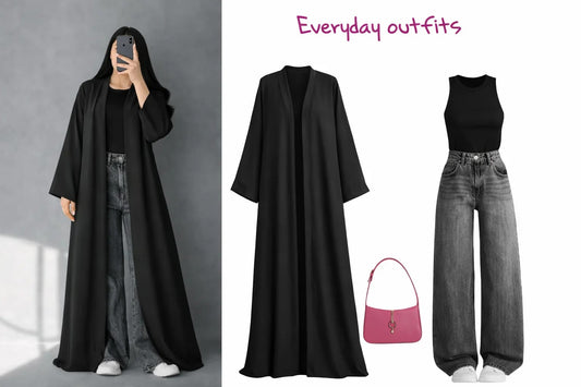 ZODIC Midnight Black Flowy Abaya Combo