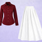Burgundy Button-Down Shirt with White Pleated Maxi Skirt – Chic Contrast Outfit
