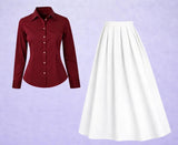 Burgundy Button-Down Shirt with White Pleated Maxi Skirt – Chic Contrast Outfit