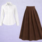 White Button-Down Shirt with Brown Pleated Maxi Skirt – Elegant Two-Piece Set
