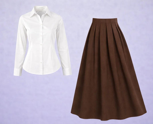 White Button-Down Shirt with Brown Pleated Maxi Skirt – Elegant Two-Piece Set