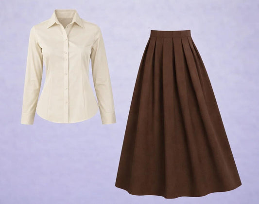 Button-Down Shirt & Pleated Maxi Skirt Set – Off-White & Dark Brown