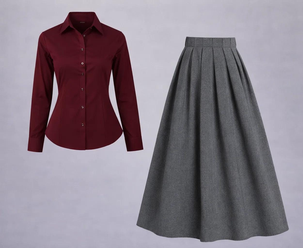 Button-Down Shirt & Pleated Maxi Skirt Set – Maroon & Grey