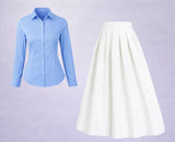 Button-Down Shirt & Flared Maxi Skirt Set – Light Blue & White
