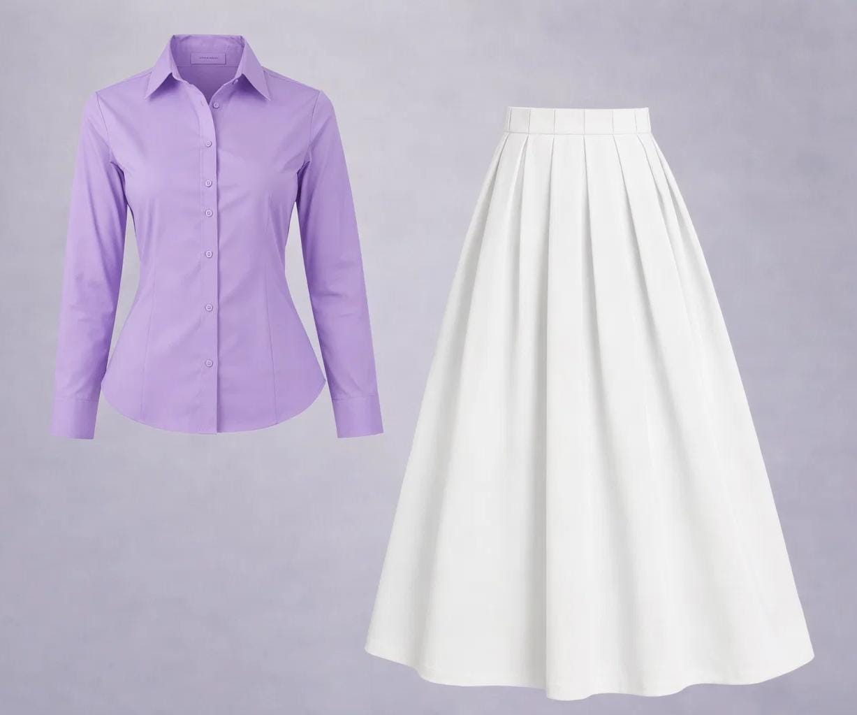 Button-Down Shirt & Pleated Maxi Skirt Set – Lavender & White