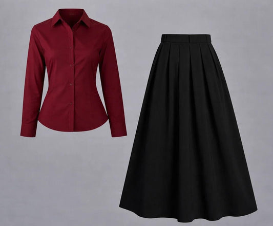 Burgundy Button-Down Shirt &  Black Pleated Maxi Skirt Set