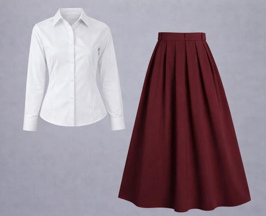 White Button-Down Shirt & Burgundy Pleated Maxi Skirt – Minimal Elegant Set