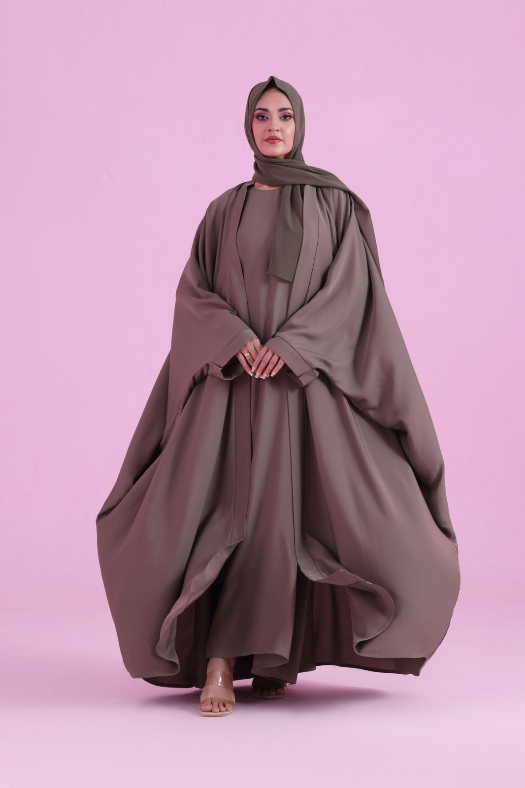 Flowy Farasha Cut Abaya - Olive Brown