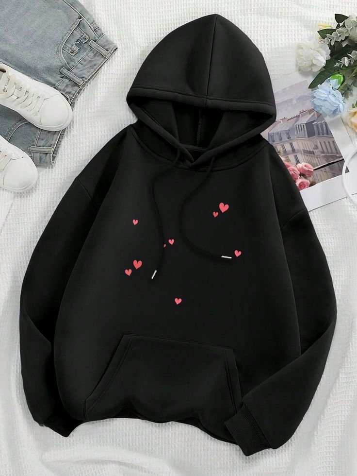 Red mini heart hoodie - Black