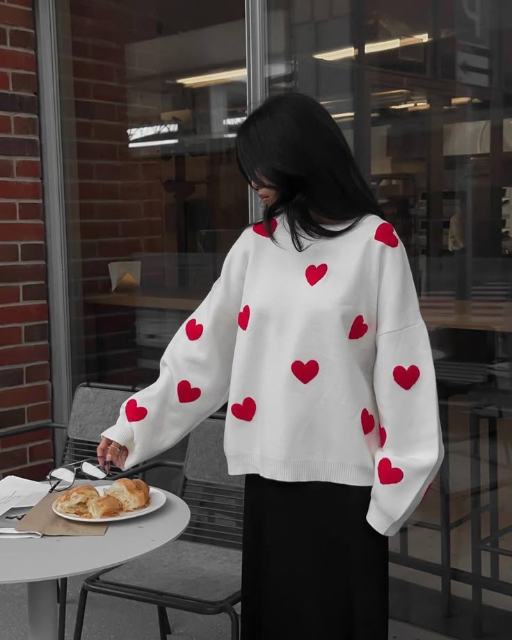 White Oversized Sweatshirt with Red Hearts
