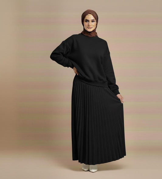 Sweatshirt & Pleated Maxi Skirt Set – Black